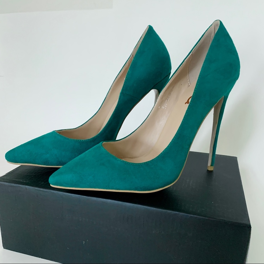 green suede stiletto pumps